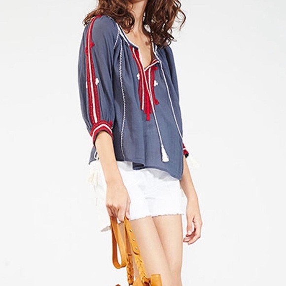 ULLA JOHNSON Boho Acacia Navy Peasant Embroidered Tapestry Blouse Sz 10 - Picture 6 of 7